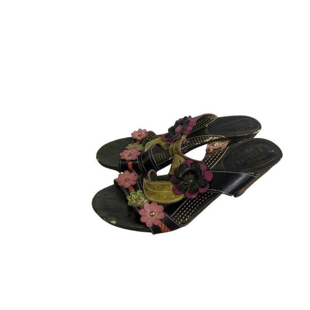 L'Artiste SPRING Step Womens Sz 9/40 Lona Slide Sandals Floral Black Kitten